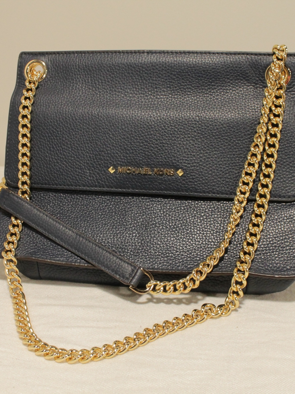 Michael Kors Navy Pebbled Leather Shoulder Bag with Gold Chain